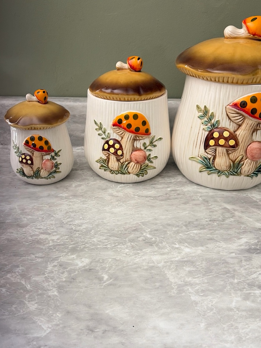 Sears vintage Ceramic Mushroom Canister Set - Orange Accent